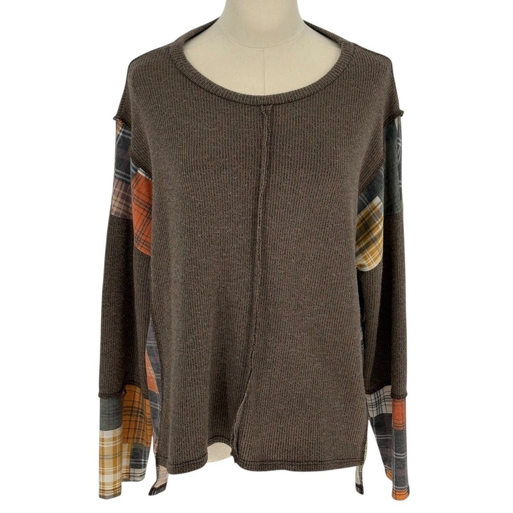 Haptics Holly Harper Brown Ribbed Knit Patchwork Plaid Mixed Media Top Womens